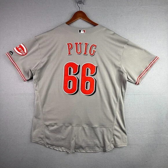 Cincinnati Reds Auth Majestic Puig Jersey Mens Sz 56 Gray Sewn FlexBase MLB - Picture 9 of 12